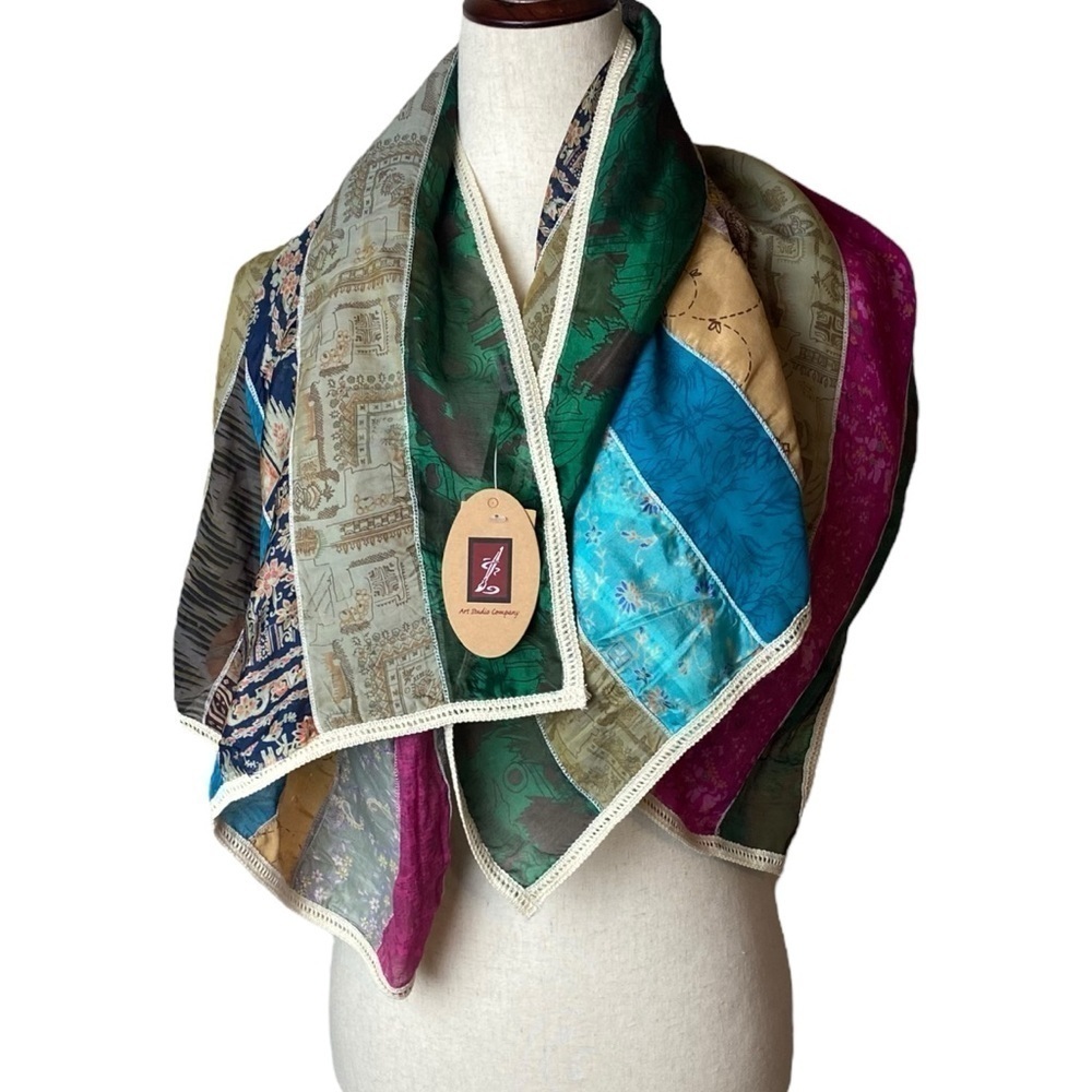 NWT Silk Scarf handmade Square Stripe recycled cotton silk blend